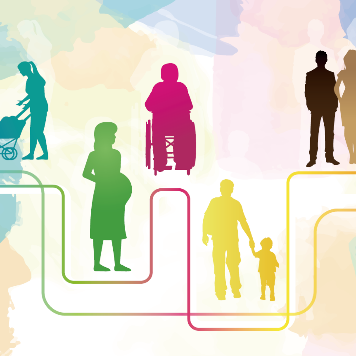Illustrated image of people with disabilities, people with family status, and people of different races